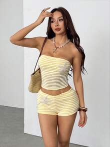 SHEIN PETITE New Summer Butter Yellow Beach Vacation Outfits Vacation Knit Tube Top Cropped Tank & Shorts Set Two Pieces Summer Sets 2 Pieces Sets Summer Summer Two Pieces Set 2 Pieces Summer Sets - Yellow - View 10