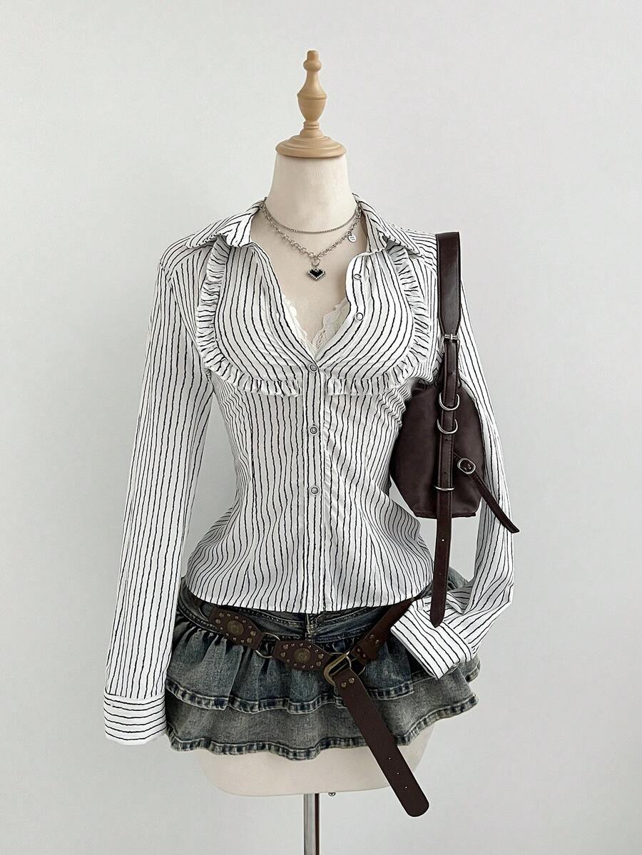 Elamini Áo kiểu nữ bất đối xứng kẻ sọc xếp nếp phối ghép eo thon gợi cảm, áo dài tay đa năng cho mùa đông - trắng - Xem 1