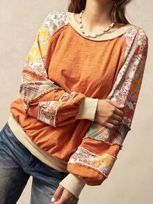 Bohemela Áo sweatshirt dài tay cổ tròn dáng rộng, phối họa tiết chắp vá, thích hợp cho nữ, phù hợp cho Ngày Valentine, lễ hội âm nhạc, phong cách đồng quê cổ điển. - trái cam - Xem 6