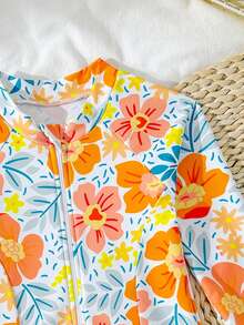 Young Girl Floral Print Raglan Long Sleeve Rash Guard One-Piece Swimsuit,Front Zipper UV Protection Bathing Suit For Summer,Beach,Holiday,Pool Party - Yellow - View 3