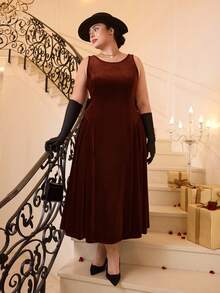 SHEIN MOD Plus Size Vintage Red Open Back Bow Tie A-Line Midi Dress, Wedding Dress, Date Dress, Valentine's Day Dress - Brown - View 9