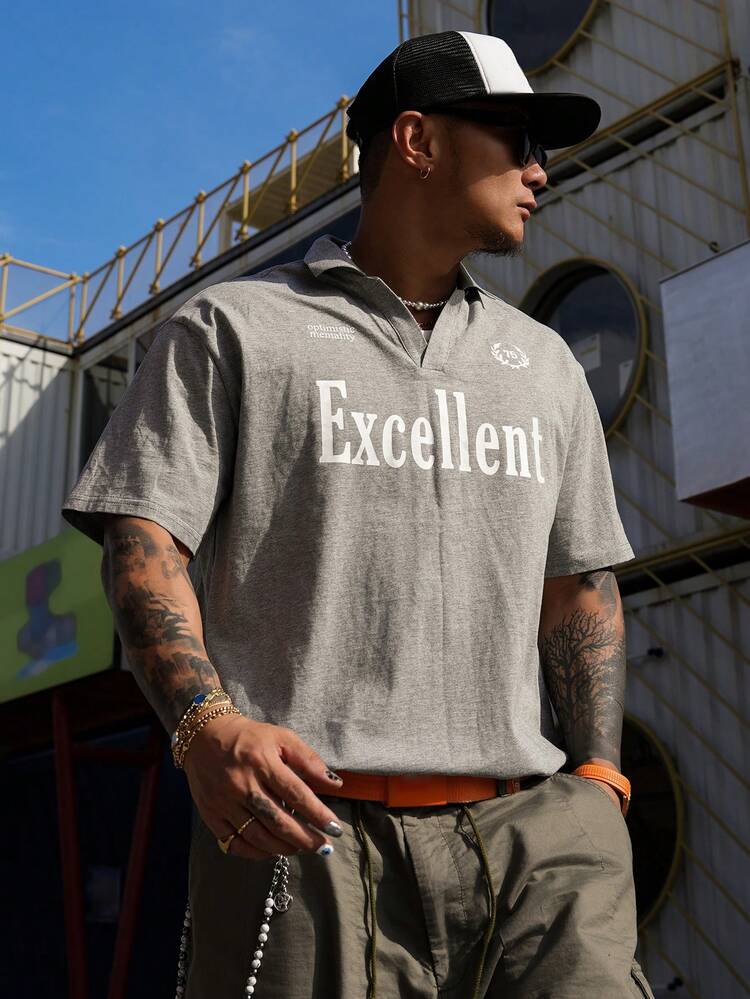 Men's Letter Print Half-Zip Grey T-Shirt, Summer