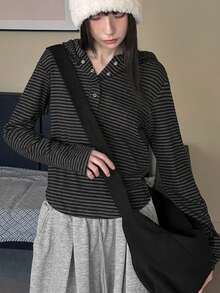 DAZY Women's Retro Minimalist Striped Slim Fit Hoodie T-Shirt, Versatile Design Long Sleeve - Dark Grey - View 2