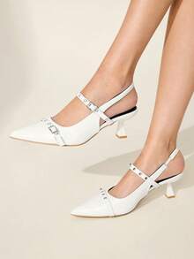 CUCCOO CHICEST 女士尖头搭扣设计时尚高跟鞋，适合日常穿着 - 白色 - 查看 4