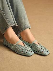 Rosivie 优雅镂空平底女鞋，时尚舒适，法式方头设计，尽显优雅气质 - 綠色 - 查看 5
