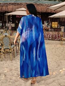 Swim Vcay Plus Size Women Loose Random Floral Print Beach Vacation Kimono - Blue - View 2