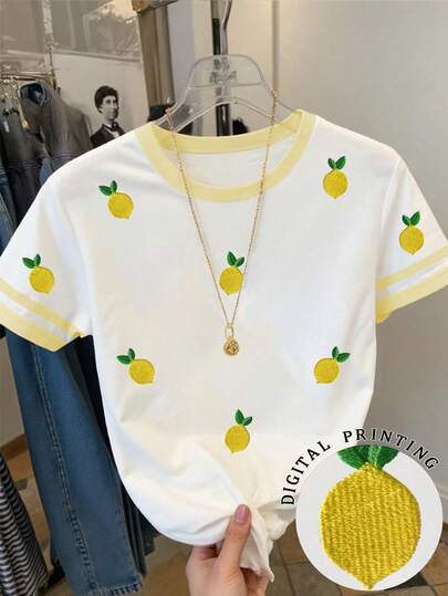 SHEIN T-shirt décontracté polyvalent à col rond et manches courtes avec broderie de fruits pour femmes