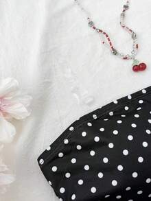 Bộ áo croptop và quần short dệt kim chấm bi đen trắng cho bé gái tuổi teen, phong cách thường ngày, thoải mái, phù hợp cho ngày Valentine, thời trang, cá tính, kỳ nghỉ, lễ hội, phong cách retro, bãi biển, đại dương, thanh lịch. - Đen và trắng - Xem 4