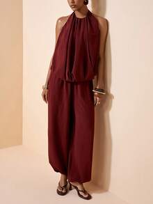 Zivah 2026 Spring/Summer New Music Festival, Easter, St. Patrick's Day, Valentine's Day, Date, Western, Nomadic, Birthday Party, Graduation, College, Student, Daily Wear, Basic Versatile, Casual, Vacation, Cruise Travel, Beach, Sunbathing, Viral , Streetwear, Wedding Guest Boho, Commute, Brunch, Airport, Party, Holiday Outing, Office Wear Sleeveless Vest Top And Linen Brown Drawstring Pants 2-Piece Set - Brown - View 7