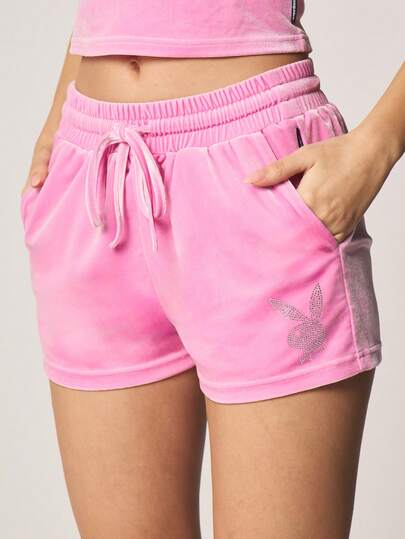 Missguided x Playboy Rhinestone Logo Oversized Drawstring Jogger Shorts With Elastic Waistband Side Pockets