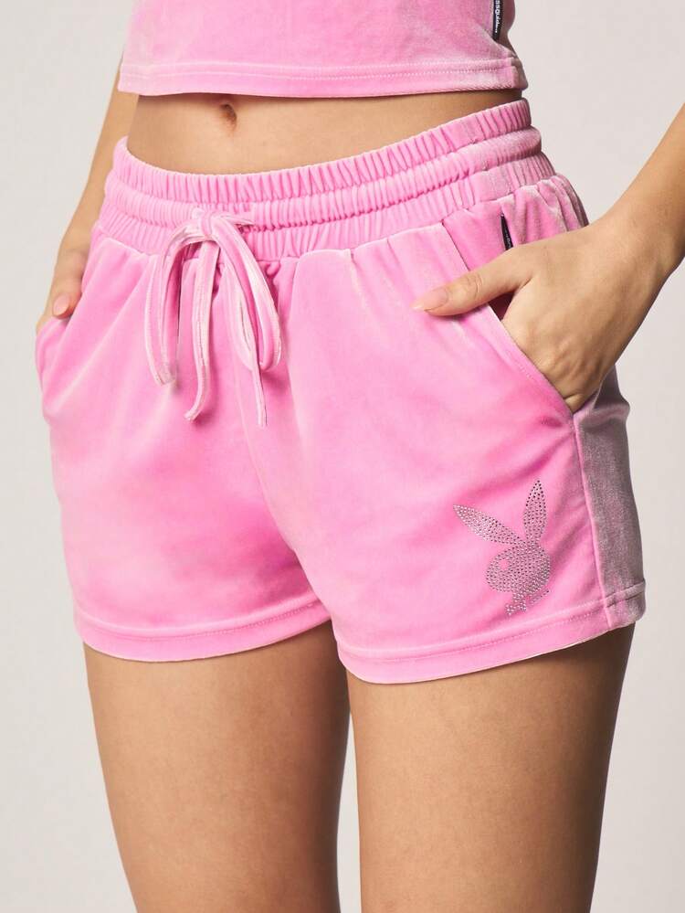 Missguided x Playboy Rhinestone Logo Oversized Drawstring Jogger Shorts With Elastic Waistband Side Pockets