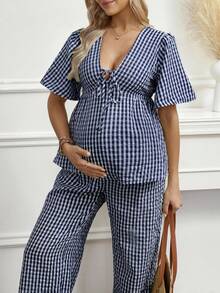 SHEIN 两件套：系带格子衬衫和阔腿裤 - 寶藍色 - 查看 4