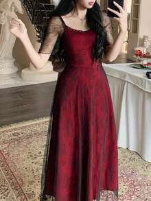 DAZY Robe d'été élégante à encolure en cœur avec contraste de maille, Saint-Valentin