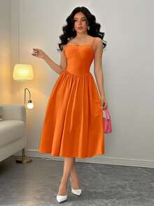 Rafferiza Women's Elegant Burnt Orange Midi Dress,Summer Plain Solid Color Spaghetti Strap Flared Hem Chic Strapless Sundress For Date - Orange Ignite - View 5