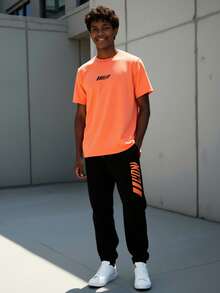 SHEIN Tween Boys'Burnt Orange T-Shirt & Black Sweatpants Set,Sporty Casual Summer Vacation Activewear,Collegiate Style Soft Fabric 2pcs Athletic Outfit - Multicolor - View 6