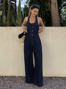 DAZY Women's Stylish Halter Neck Casual Denim Jumpsuit And Overalls Vacation Spring - Dark Wash - View 3