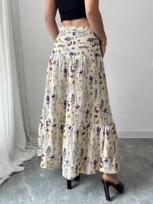 Selianne 女士优雅碎花高腰层叠A字裙，春夏款 - 杏色 - 查看 2