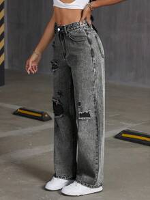 SHEIN Tall Women's High Waist Distressed Washed Straight Leg Jeans With Pockets - Light Grey - View 4