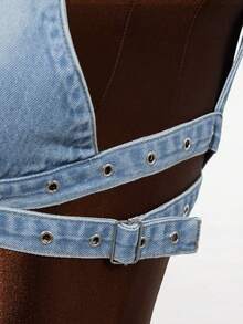 Mistrie 女士时尚街头风水洗镂空纽扣牛仔衬衫，夏季 - 藍色 - 查看 6