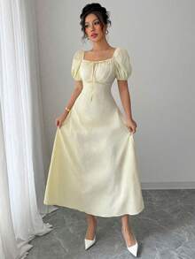 Modelyn Đầm nữ kiểu Pháp thanh lịch cổ tim thắt eo phía trước - Vàng nhạt - Xem 7