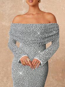 Lumalex Vestido ajustado de manga larga con volantes en el bajo y hombros descubiertos para mujeres - Blanco y Negro - Ver 7