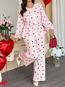 Vionelle Plus Size Valentine's Day Heart Striped Long Sleeve 2 Pieces Set Women,White Autumn Cute Date Night Comfy Pajama Lounge Sets Matching Two Piece Set - Pink - View 1