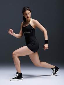 Powerista 撞色滚边时尚紧身连体裤无袖运动服 - 黑色 - 查看 5