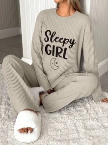 EURMUSE Sleepy Girl Ribbed Lounge Set – Moon & Cozy Vibes In Blush Pink - Beige - View 6