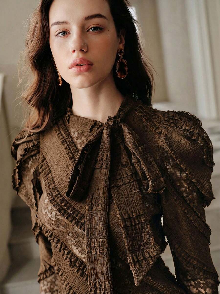 Anewsta 秋季女士高品质蝴蝶结设计长袖T恤，黑色时尚上衣，优雅女士衬衫，适合秋季、冬季、新年等场合，优雅、别致、时尚，圣诞节、外出、冬季女装 - 棕色 - 查看 1