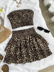 Tween Girls Leopard Print Tube Top Camisole & High Waist Layered Ruffle Hem Cake Skirt 2 Piece Outfit, Casual Vacation Wear - Rust Brown - View 1