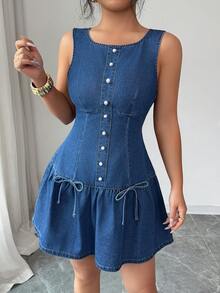 Elenzga Women's Slimming Bowknot Sweet Blue Washed Denim Dress Spring  Summer  Elegant - Medium Wash - View 4