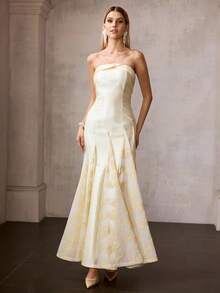 MOTF Soiréza Đầm dự tiệc không dây vai bằng vải jacquard phối nhiều mảnh dành cho nữ, mùa xuân/hè. - Màu vàng - Xem 5