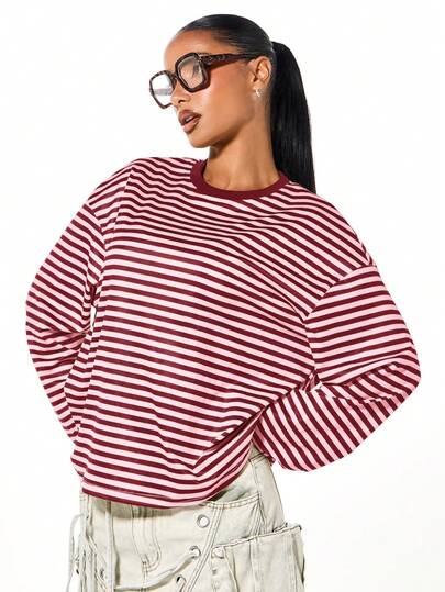 SUMWON WOMEN Women Long Sleeve Striped Crew Neck T-Shirt Horizontal Burgundy Stripes Casual Oversized Top Fall Winter Basic Tee