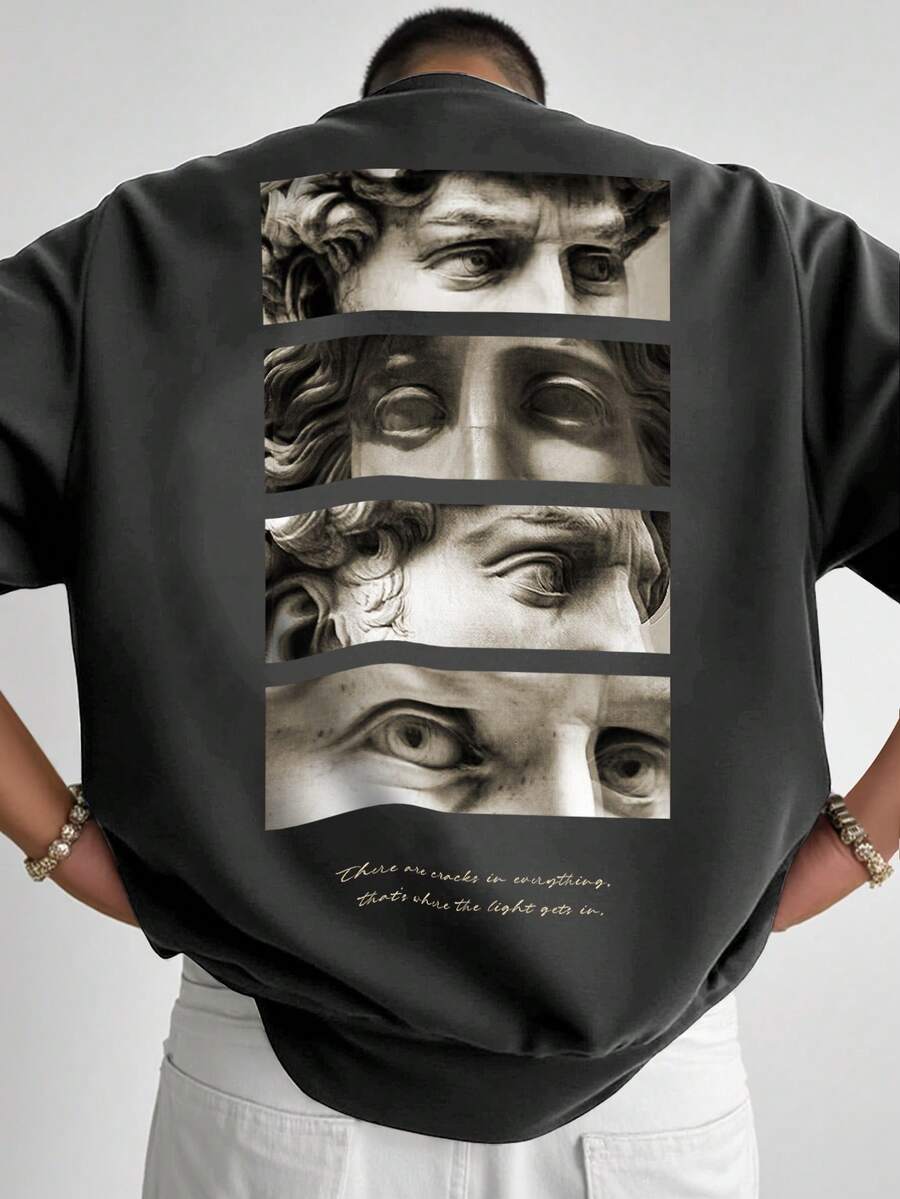 Manfinity EMRG 男士加大码大卫图案印花圆领宽松休闲短袖T恤 - 深灰色 - 查看 1