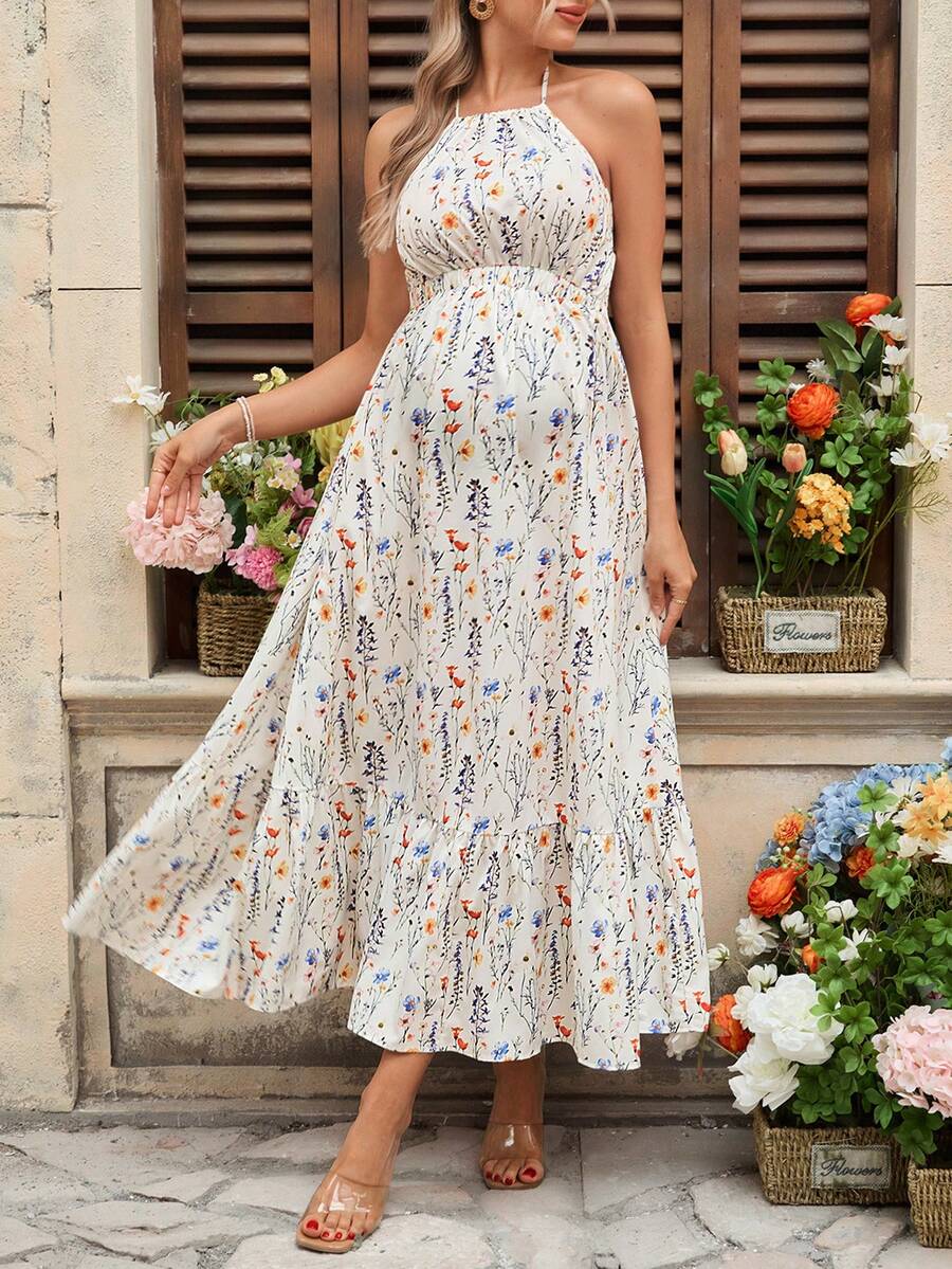 SHEIN Maternity Floral Print Halter Backless Casual Sleeveless Dress - Multicolor - View 1