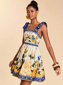 Travachic 女士印花系带露肩收腰度假连衣裙，夏季 - 藍色 - 查看 5