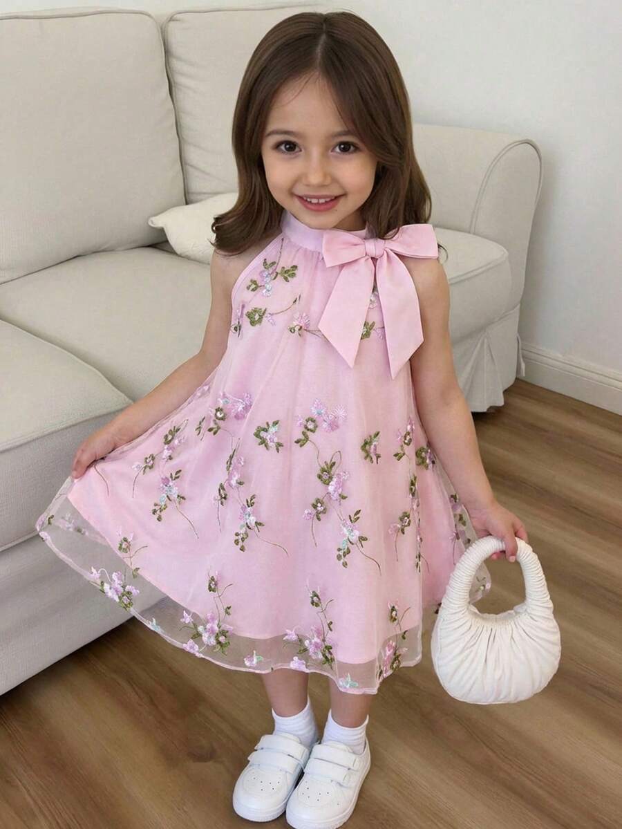 SHEIN Young Girls Bow Collar Doll Dress Princess Dress, Casual & Fashionable For Daily Wear, Photo Shoot, Outings, Versatile - Pink - View 1