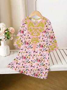Cute Floral Print Pattern Casual Dress, Matching Family Outfits, Jalabiya Style, Suitable For Young Girls, Spring/Summer - Multicolor - View 5