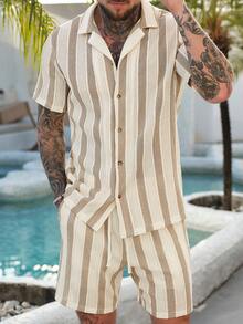 VENTUSAIL 男士卡其色提花条纹休闲度假短袖衬衫和短裤套装 - 卡其色 - 查看 5