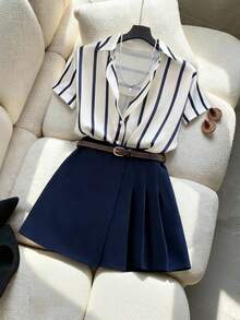 Franclia 2pcs Set: Casual Elegant Commuter Short Sleeve Striped Shirt & Pleated Mini Skirt - Blue - View 1