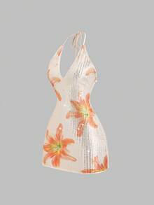 Sweetra Váy ngắn hở lưng in họa tiết hoa và sequin lãng mạn, thanh lịch dành cho nữ, cổ chữ V, dây buộc, thích hợp cho kỳ nghỉ, tiệc tùng, tụ tập, mùa xuân/hè - Nhiều màu - Xem 6