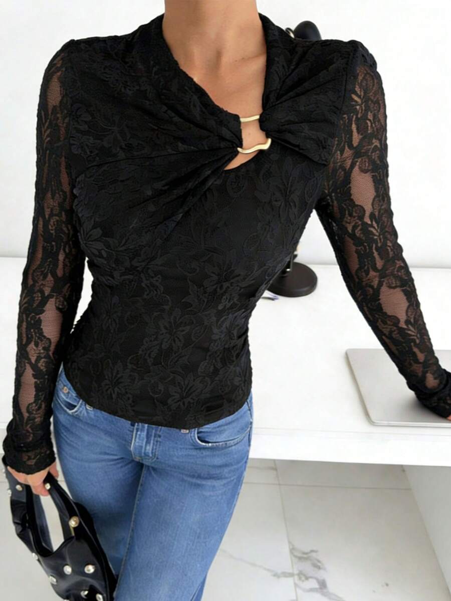 Siren Gaze 女士花卉蕾丝不对称领口长袖修身时尚T恤 - 黑色 - 查看 1