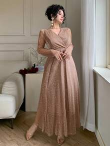 DAZY Women's Elegant Sequin V-Neck Long Dress, Spring/Summer - Apricot - View 5