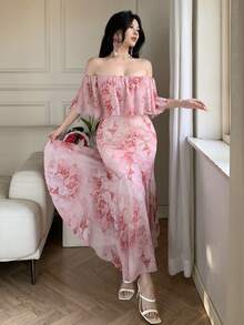 DAZY Women's Elegant Floral Off Shoulder Fishtail Dress, Summer Wedding Guest Dress Maxi Dress Sundress - Pink - View 5
