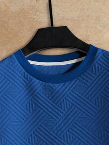 HIMLAND 男士休闲纹理针织圆领卫衣，秋季华夫格针织长袖男士毛衣蓝色毛衣男士蓝色卫衣 - 藍色 - 查看 3