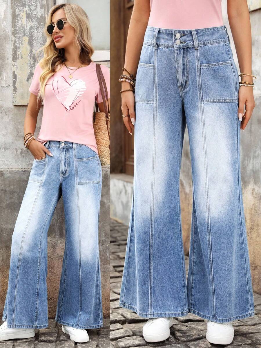 SHEIN LUNE Women's Casual Everyday Washed Pocket Flare Jeans - Blue - View 1