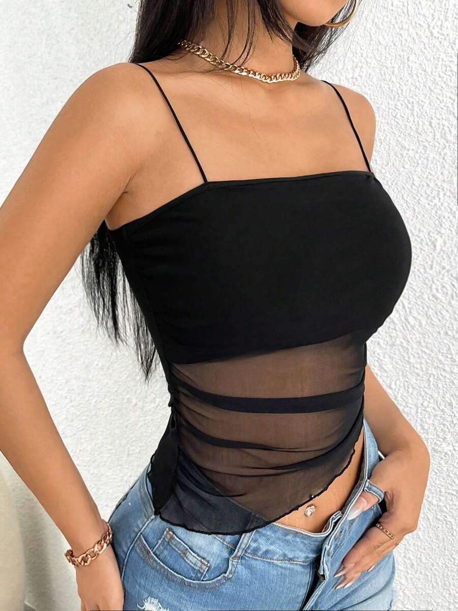 SHEIN PETITE YK2 “辣妹”性感网纱镂空无肩带吊带背心,适合夜店和海滩度假穿着 - 黑色 - 查看 1