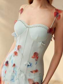 MOTF PREMIUM VESTIDO CAMISERO ELEGANTE DE MUJER CON APLICACIONES FLORALES, PARA VERANO - Azul - Ver 5