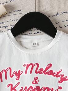 HELLO KITTY AND FRIENDS | SHEIN Young Girl Casual Cartoon Pattern Round Neck Short Sleeve T-Shirt, Summer - White - View 3