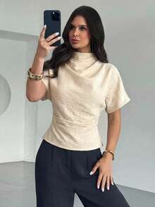 Firerie Crinkle Collar Asymmetric Sleeve Side Ruched Waist Slim Fit Apricot Bamboo Linen Fabric Blouse For Women, All Season - Apricot - View 8